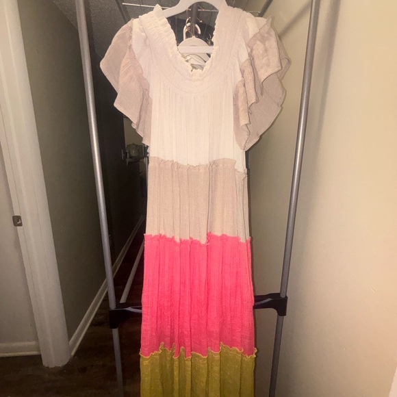 Umgee Cream and Pink Color Block Maxi Dress - Picture 6 of 7